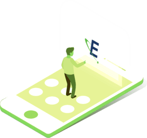 A digital person standing on the screen of a large cell phone with a Eagle "E" logo hovering over it.