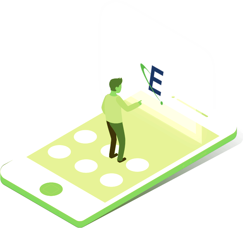 A digital person standing on the screen of a large cell phone with a Eagle "E" logo hovering over it.