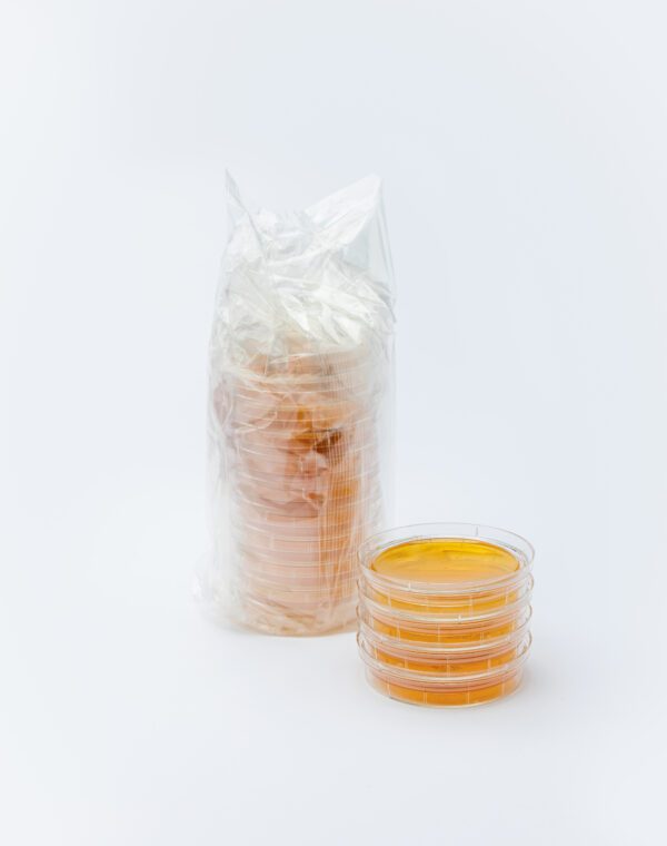 A sealed packaged of ten 65mm Surface/Contact Plates – Tryptic Soy Agar (TSA) with four 65mm surface/contact plates stacked atop of each other slightly to the front and side of the 10-pack sealed bag of plates.