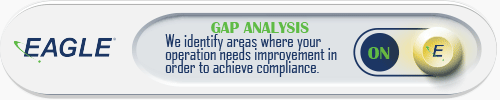 A oval panel with text that states, "GAP ANALYSIS: We identify areas where your operation needs improvement in order to achieve compliance." A blinking round slider button with the "E" Eagle logo with the word ON text to it.
