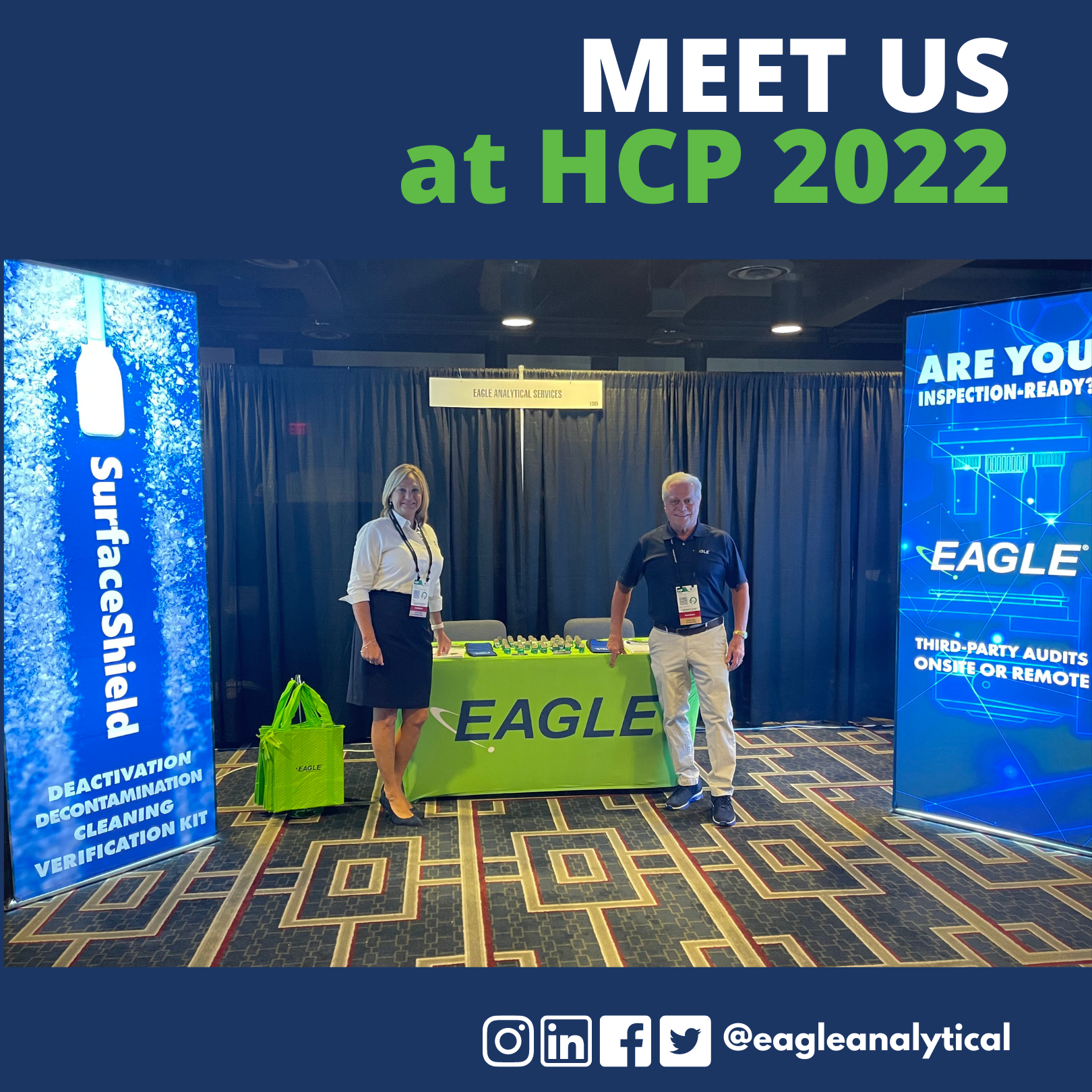 An image of Eagle's CEO and President Ross Caputo and Vice President of Marketing and Business Development Lisa Johnson smiling and standing in front of their booth at HCP. Text states, "Meet Us at HCP 2022."