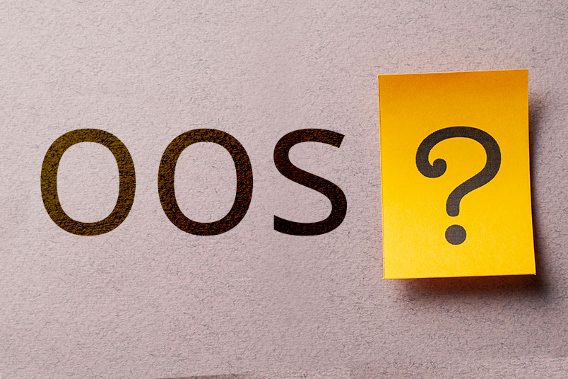 Brown Text that reads "OOS" on a gray background with a colorful yellow card with printed question mark.