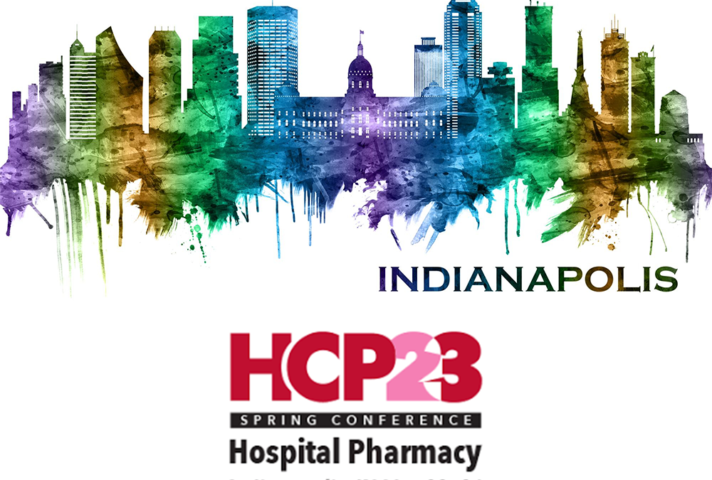 A multicolored graphic rendition of the Indianapolis' skyline above the text, "HCP23 Hospital Pharmacy Spring Conference Indianapolis, IN. May 22 - 24."