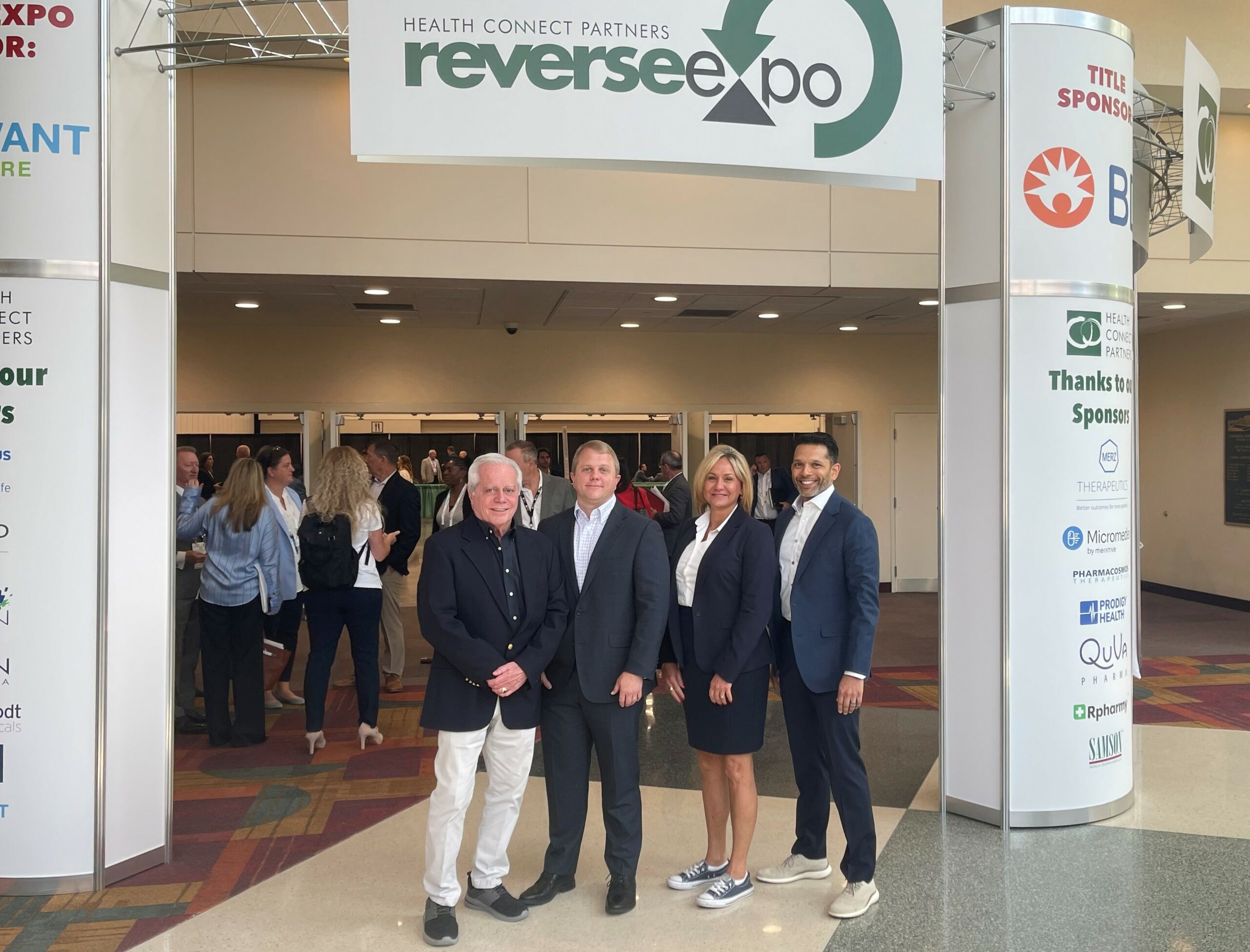 Eagle President & CEO Ross Caputo, PCCA Director of Clinical Services Matt Martin, Eagle VP of Marketing & Business Development Lisa Johnson, and PCCA VP of Clinical Services A.J. Day smile while attending the 2023 Health Connect Partners Reverse Expo in Indianapolis.