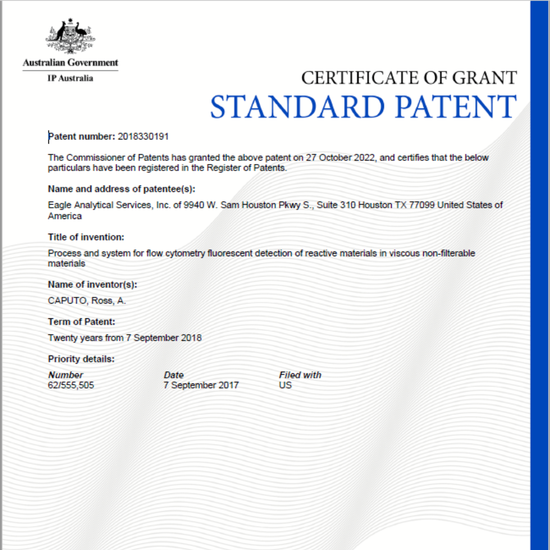 An image of a Certificate of Grant Standard Patent from the Australian Government's IP office Eagle's patent.