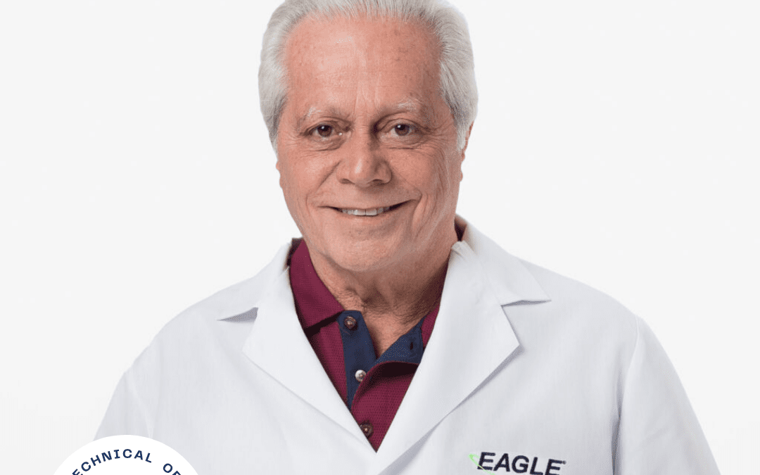 Text reads, "Eagle Chief Technical Officer (CTO), Ross Caputo, Ph.D." Dr. Caputo is smiling while wearing a white Eagle branded lab coat.