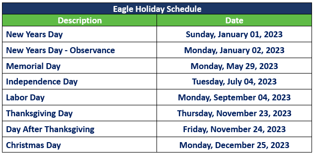 Eagle's holiday schedule for 2023 table with description and date. 