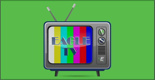 On the screen of a TV, there are color test bars and the text "EAGLE TV". The TV is illustrated in a vector-drawn style and has a CRT display.